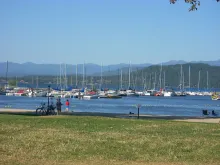 Sailboats moored at Windbag Marina on Lake Pend Oreille in Sandpoint, Idaho.