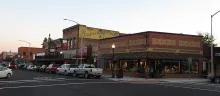Downtown Sandpoint, Idaho at dusk during the holiday season.