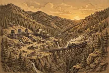 Retro cartoon illustration of an 1890s canyon mining town with headframes, an ore mill, and a steam train.