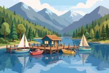 Cartoon illustration of a lakeside marina with sailboats on wooden docks, pine trees, and mountain reflections.