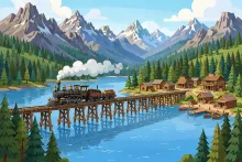 Cartoon illustration of a vintage steam locomotive crossing a wooden trestle bridge over a mountain lake.