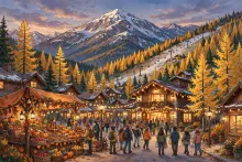 Cartoon illustration of an autumn evening in a mountain ski village, with golden larch trees, a farmers market stall of pumpkins and apples, glowing lodge lights, and a snow-dusted ski mountain with chairlifts behind the town.