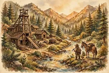 Cartoon illustration of a historic Idaho Silver Valley mining scene with a timber mine headframe, log mine buildings, and a prospector with a mule beside a mountain stream