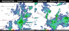 Regional radar composite showing showers over Sandpoint and Coeur d'Alene and along the Interstate 90 and U.S. 95 corridors in North Idaho, and showers near Missoula, Kalispell and Polson in western Montana.