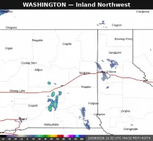 Spokane radar map for the morning of October 26, 2026, showing light precipitation south of Sandpoint and along Interstate 90 between Spokane and Coeur d'Alene.