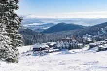 Schweitzer Village covered in snow above Lake Pend Oreille at Schweitzer Mountain Resort.