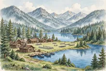 Cartoon illustration of the Farragut Naval Training Station on Lake Pend Oreille during World War II