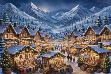 Cartoon illustration of a holiday market in Sandpoint, Idaho during the winter season