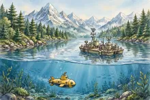 Cartoon illustration of a Navy submarine test model on Lake Pend Oreille near Bayview, Idaho