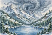 Cartoon illustration of winter storm clouds over the Selkirk Mountains above Lake Pend Oreille