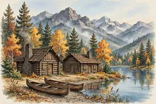 Cartoon illustration of Kullyspell House, David Thompson's 1809 fur trading post on Lake Pend Oreille