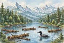 Cartoon illustration of Priest Lake, Idaho's Crown Jewel, with a historic Priest River log drive