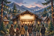 Cartoon illustration of the inaugural Sandpoint Idaho Film Fest in a mountain town theater