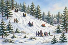 Cartoon illustration of families enjoying the Sled Hill grand opening in Sandpoint, Idaho
