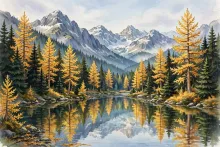 Cartoon illustration of golden western larch trees in Idaho's Selkirk Mountains in October