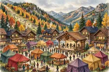 Cartoon illustration of Schweitzer's Fall Fest celebration in the mountain village