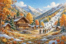 Cartoon illustration of a cozy Schweitzer ski village with the first snowflakes falling over a mountain lodge on a sunny frosty fall day