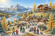 Cartoon illustration of a frosty sunny morning at Schweitzer ski village above Lake Pend Oreille, with families carrying skis and golden fall trees