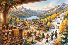 Cartoon illustration of Schweitzer ski village in autumn with skiers heading to a chairlift, a condo overlooking the village, and Lake Pend Oreille in the distance