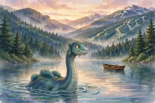 Cartoon illustration of a friendly long-necked lake creature surfacing at dawn on Lake Pend Oreille with forested mountains behind it.