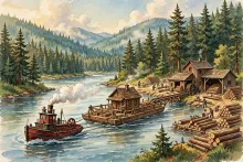 Cartoon illustration of a tugboat pulling a barge carrying a small wooden house up a wide pine-lined river past a historic North Idaho sawmill