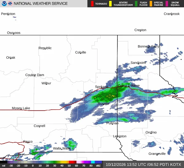 NWS KOTX radar image from the morning of October 12, 2026, showing rain and shower echoes across the Inland Northwest, with precipitation reaching from the Spokane area north toward Sandpoint and Bonners Ferry.