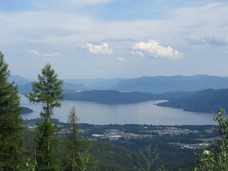 View from Schweitzer Mountain over Sandpoint and Lake Pend Oreille, with forested slopes in the foreground.