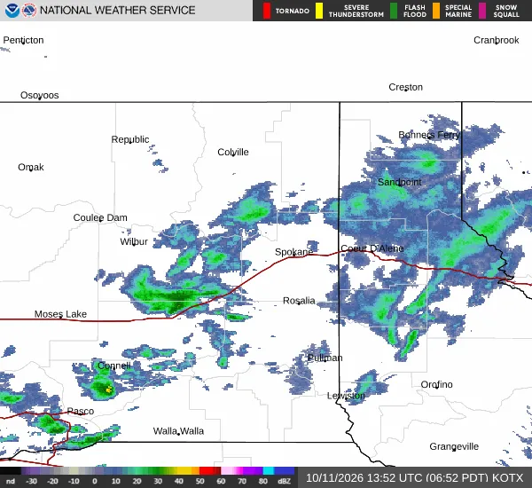 KOTX NEXRAD radar image from October 11, 2026 showing widespread precipitation echoes across Spokane, Coeur d'Alene, Sandpoint, and Colville.