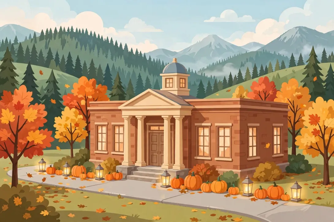 Cartoon illustration of a brick civic hall in autumn with fall trees, lanterns, pumpkins, and mountains.