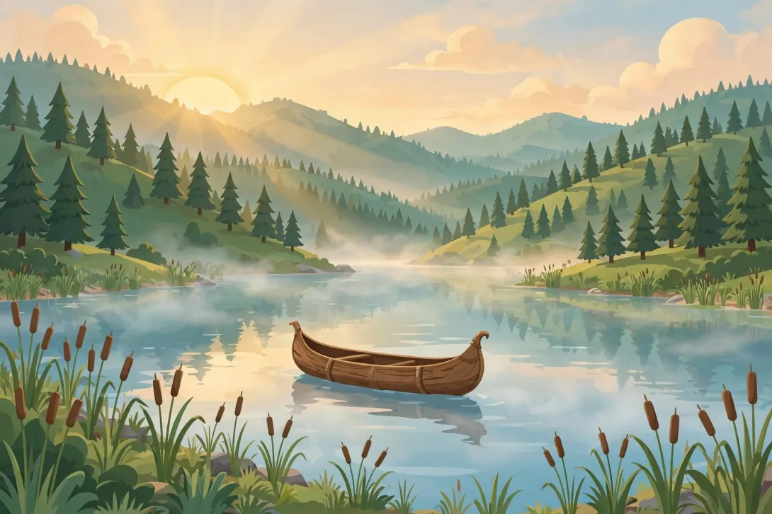 Cartoon illustration of a traditional bark canoe gliding on a misty mountain lake at sunrise.
