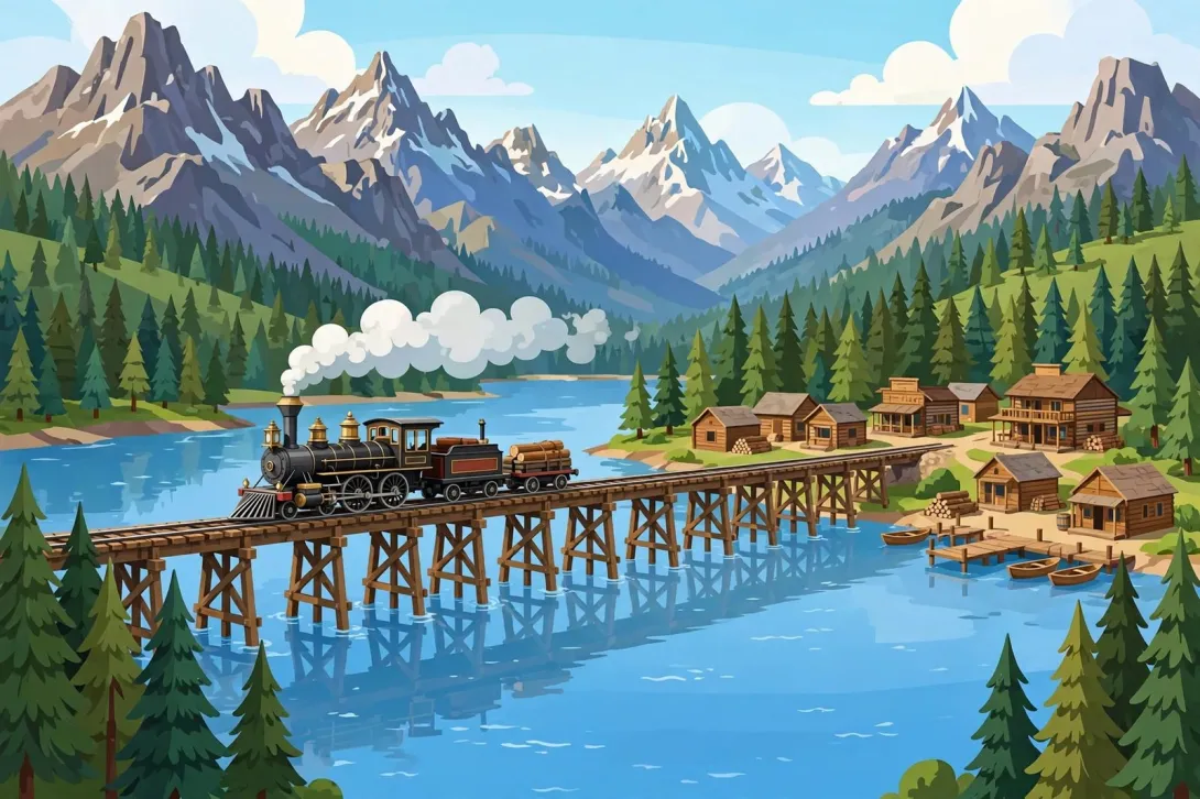Cartoon illustration of a vintage steam locomotive crossing a wooden trestle bridge over a mountain lake.