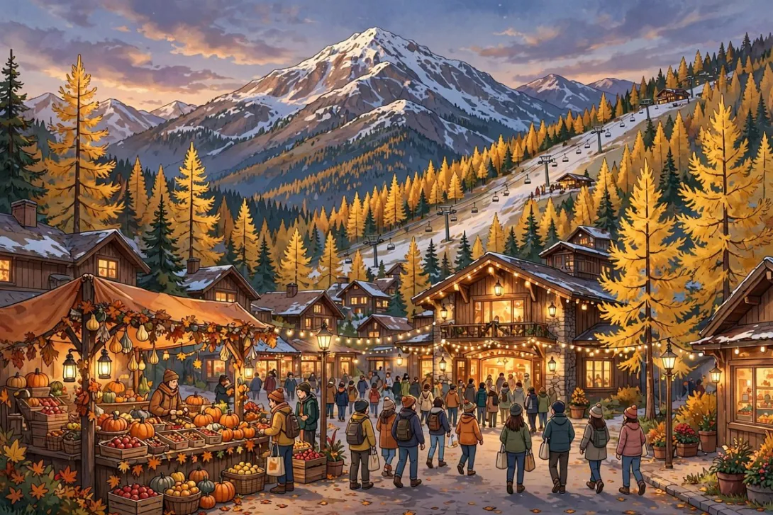 Cartoon illustration of an autumn evening in a mountain ski village, with golden larch trees, a farmers market stall of pumpkins and apples, glowing lodge lights, and a snow-dusted ski mountain with chairlifts behind the town.