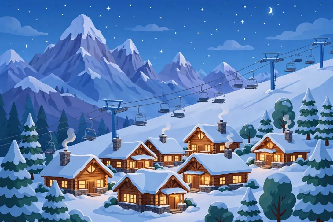 Cartoon illustration of a cozy ski village at dusk with a chairlift, warm-lit lodges, and snowy peaks.