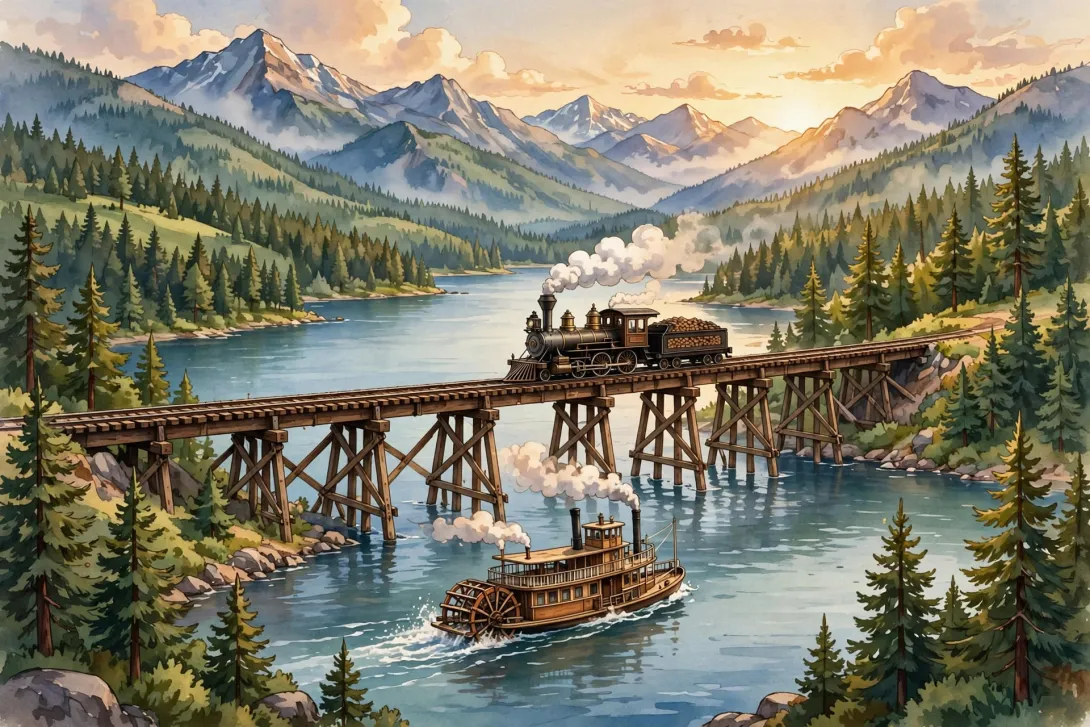 Cartoon illustration of a steam locomotive crossing a wooden trestle over Lake Pend Oreille while a sternwheeler steamboat passes below, with pine forests and mountains behind.