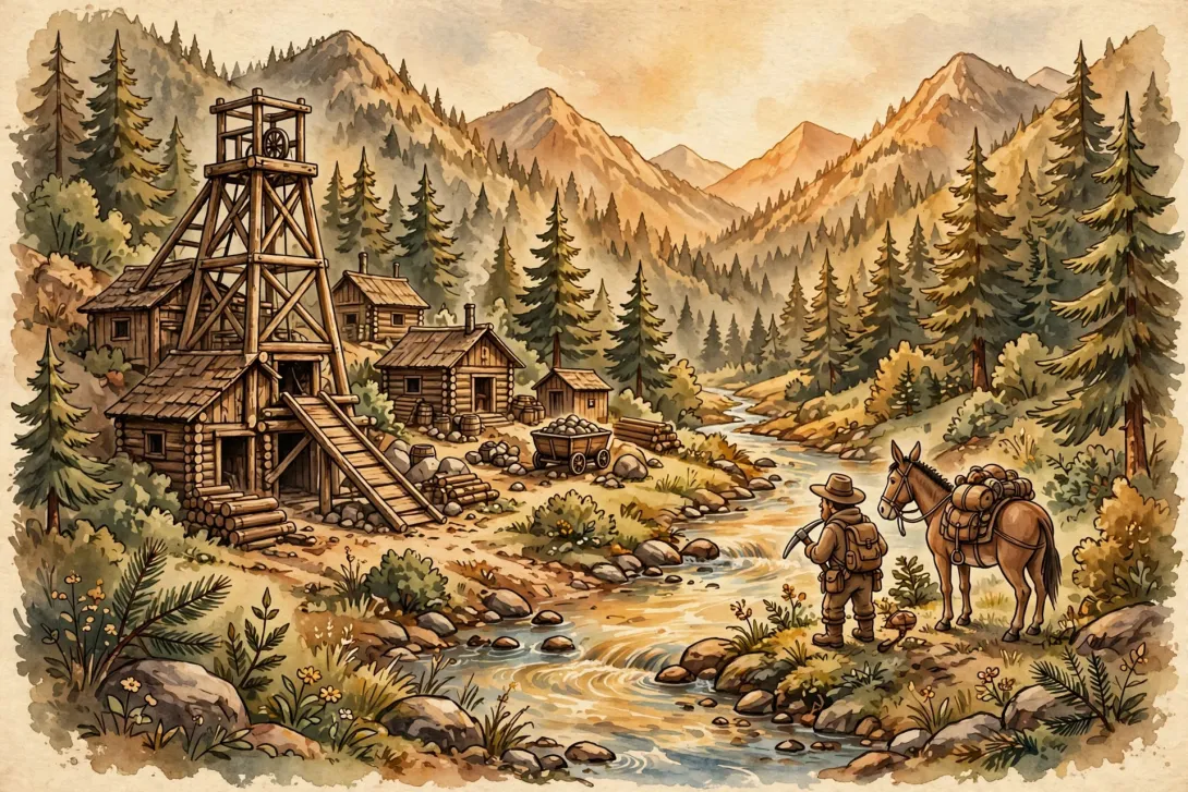 Cartoon illustration of a historic Idaho Silver Valley mining scene with a timber mine headframe, log mine buildings, and a prospector with a mule beside a mountain stream