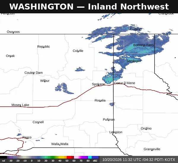 Captioned radar composite for the Inland Northwest on October 20, 2026, showing showers over Bonners Ferry and Sandpoint and along US-95 toward Coeur d'Alene.