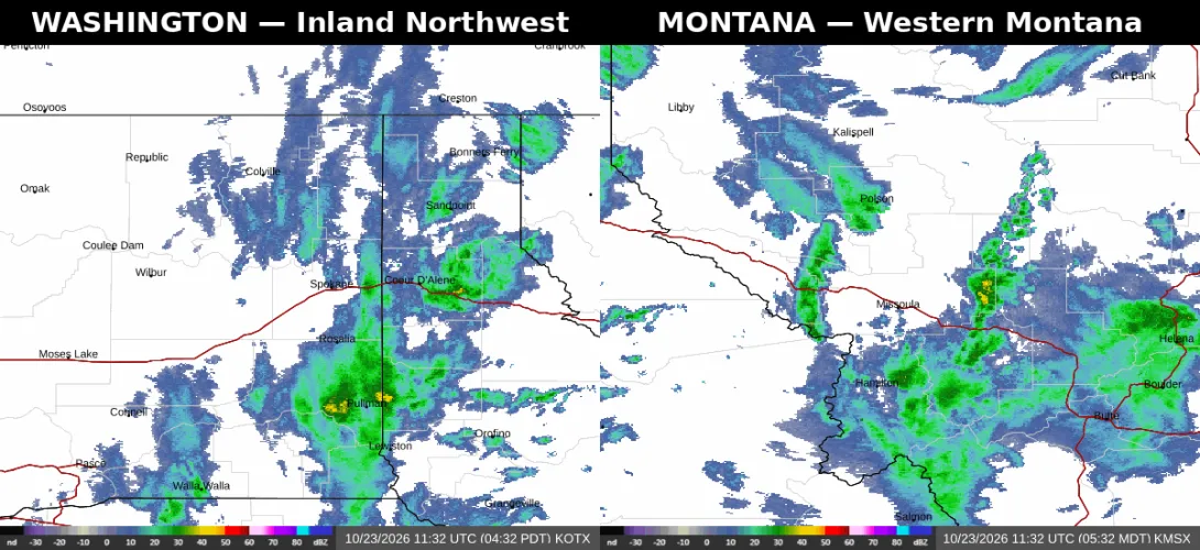 Regional radar composite showing showers over Sandpoint and Coeur d'Alene and along the Interstate 90 and U.S. 95 corridors in North Idaho, and showers near Missoula, Kalispell and Polson in western Montana.
