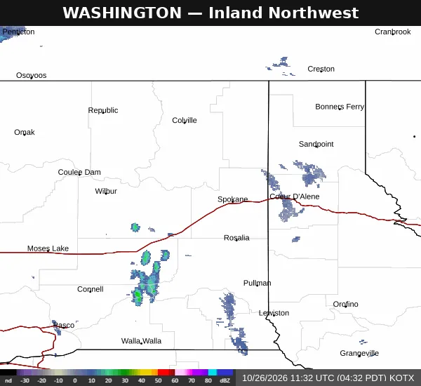 Spokane radar map for the morning of October 26, 2026, showing light precipitation south of Sandpoint and along Interstate 90 between Spokane and Coeur d'Alene.