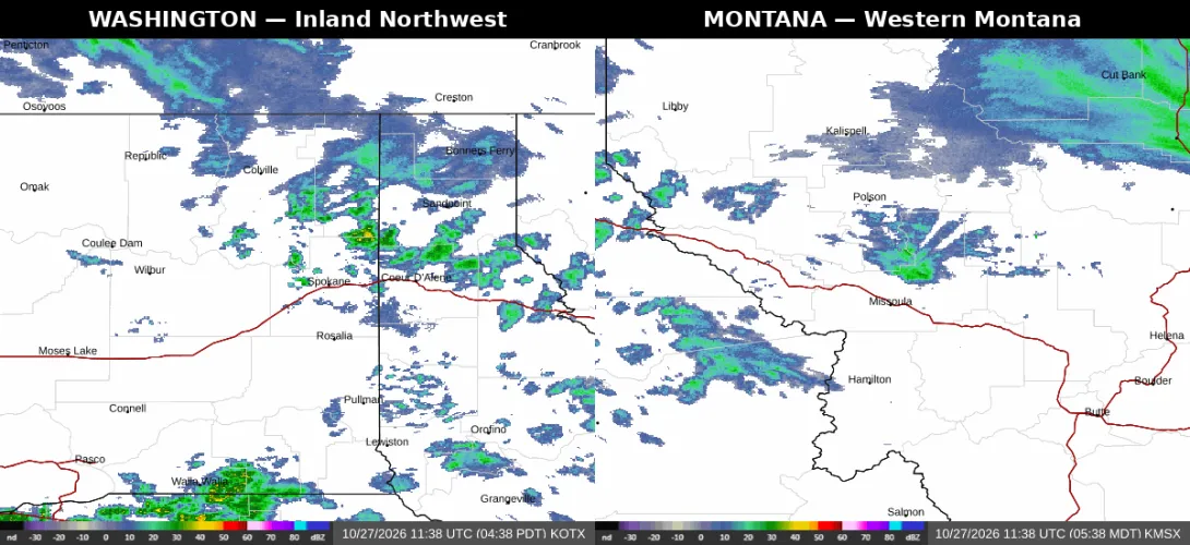 Regional weather radar for Tuesday, October 27, 2026 showing showers over Bonners Ferry, Sandpoint and Coeur d'Alene and along the I-90 and US-95 corridors in North Idaho, with showers in western Montana.