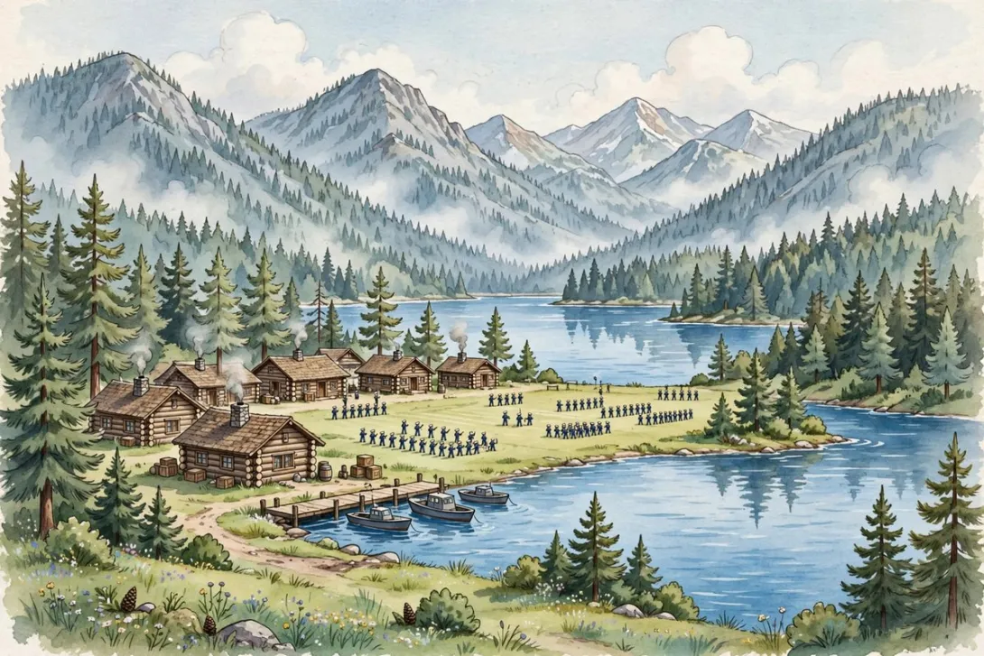 Cartoon illustration of the Farragut Naval Training Station on Lake Pend Oreille during World War II