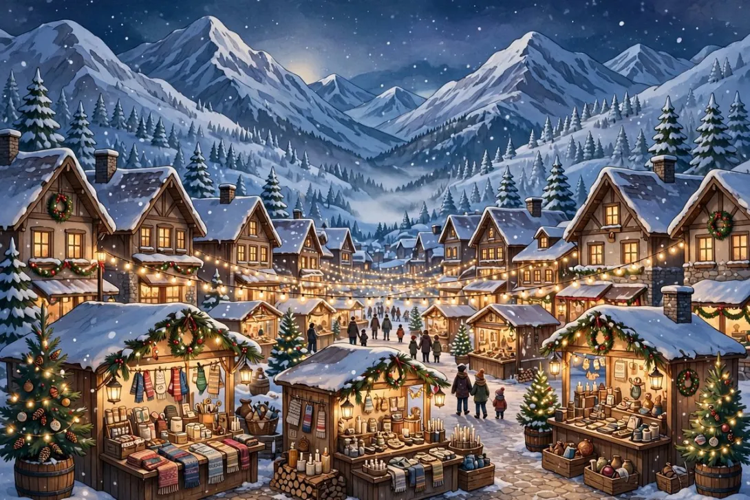 Cartoon illustration of a holiday market in Sandpoint, Idaho during the winter season