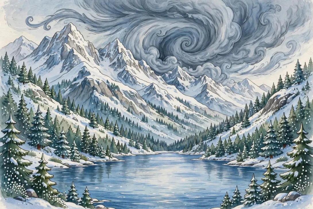 Cartoon illustration of winter storm clouds over the Selkirk Mountains above Lake Pend Oreille