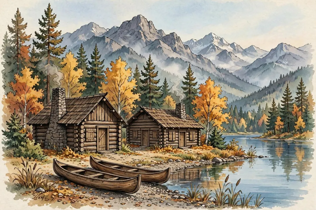 Cartoon illustration of Kullyspell House, David Thompson's 1809 fur trading post on Lake Pend Oreille