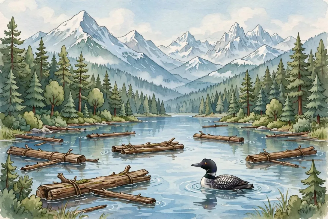 Cartoon illustration of Priest Lake, Idaho's Crown Jewel, with a historic Priest River log drive
