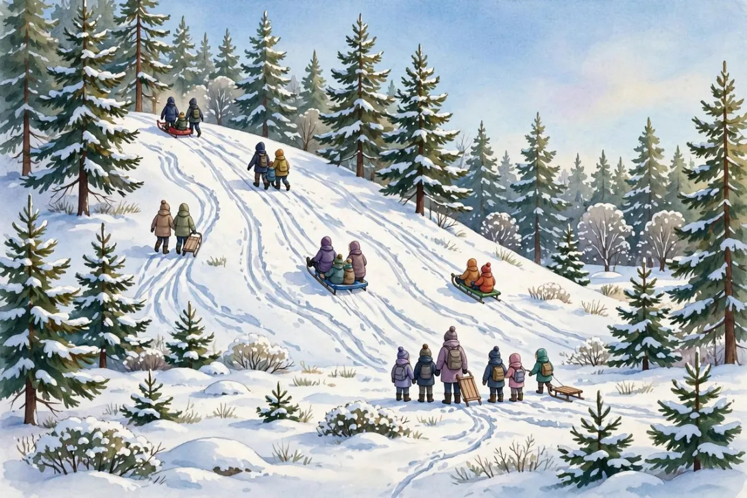 Cartoon illustration of families enjoying the Sled Hill grand opening in Sandpoint, Idaho