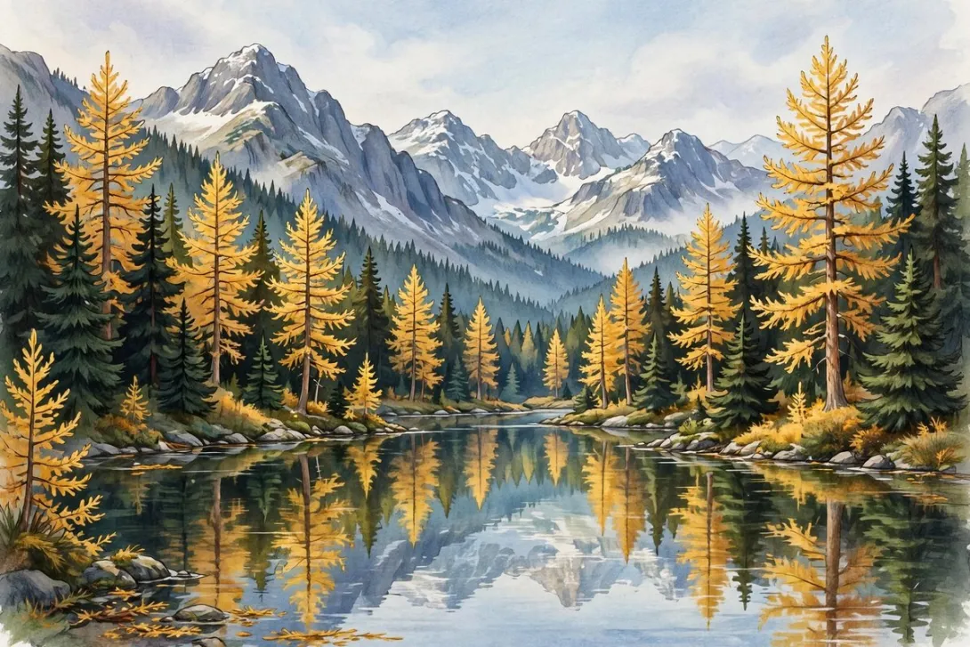 Cartoon illustration of golden western larch trees in Idaho's Selkirk Mountains in October
