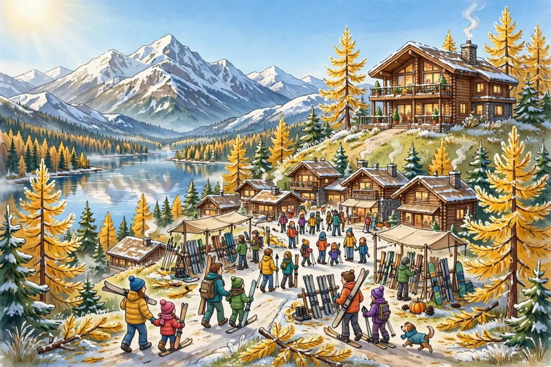 Cartoon illustration of a frosty sunny morning at Schweitzer ski village above Lake Pend Oreille, with families carrying skis and golden fall trees