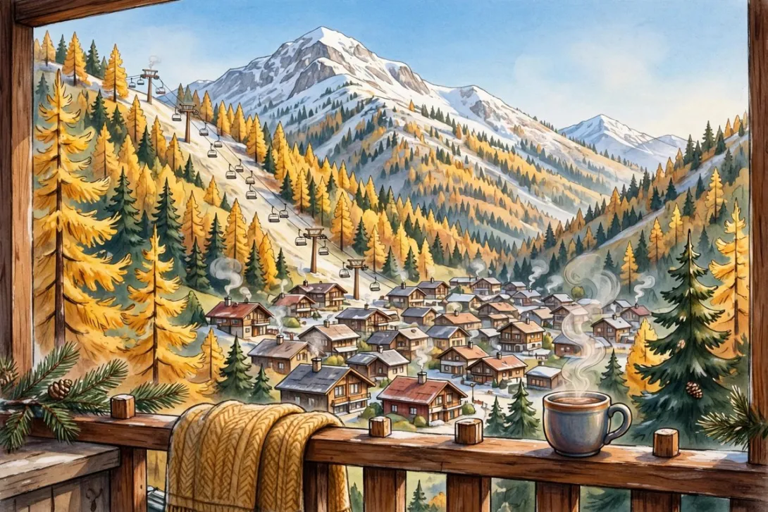Cartoon illustration of Schweitzer's ski village on a clear autumn morning, with a chairlift climbing to a summit lightly dusted with the season's first snow above golden larch trees.