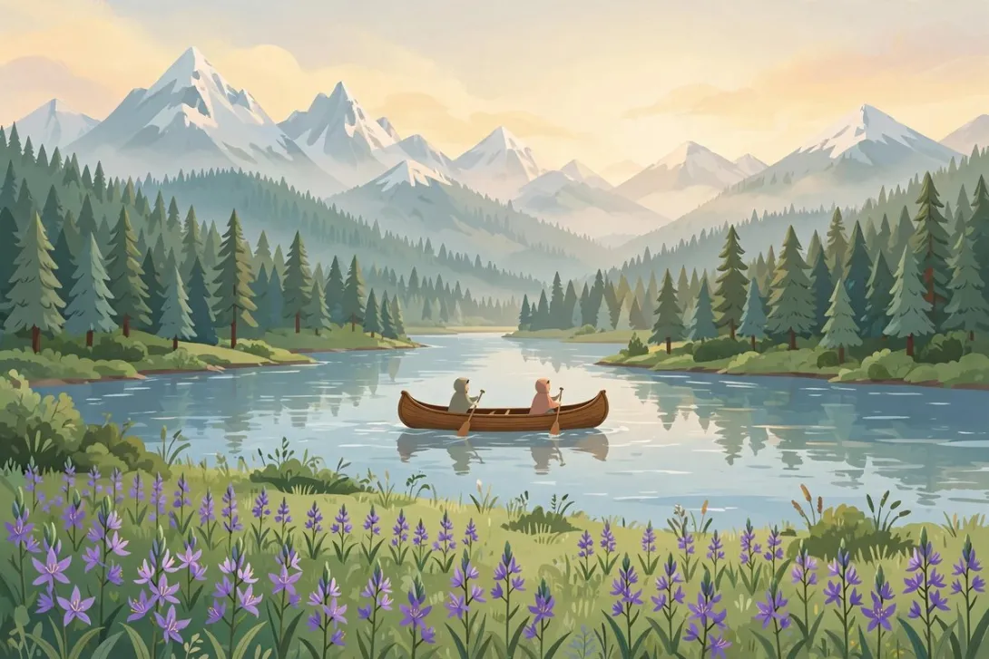 A warm cartoon illustration of a wooden canoe on a calm river with pine forest, purple camas wildflowers, and snow-capped Selkirk mountains