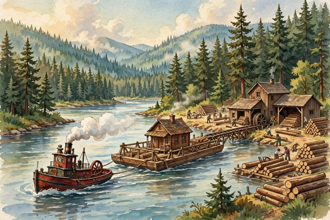 Cartoon illustration of a tugboat pulling a barge carrying a small wooden house up a wide pine-lined river past a historic North Idaho sawmill
